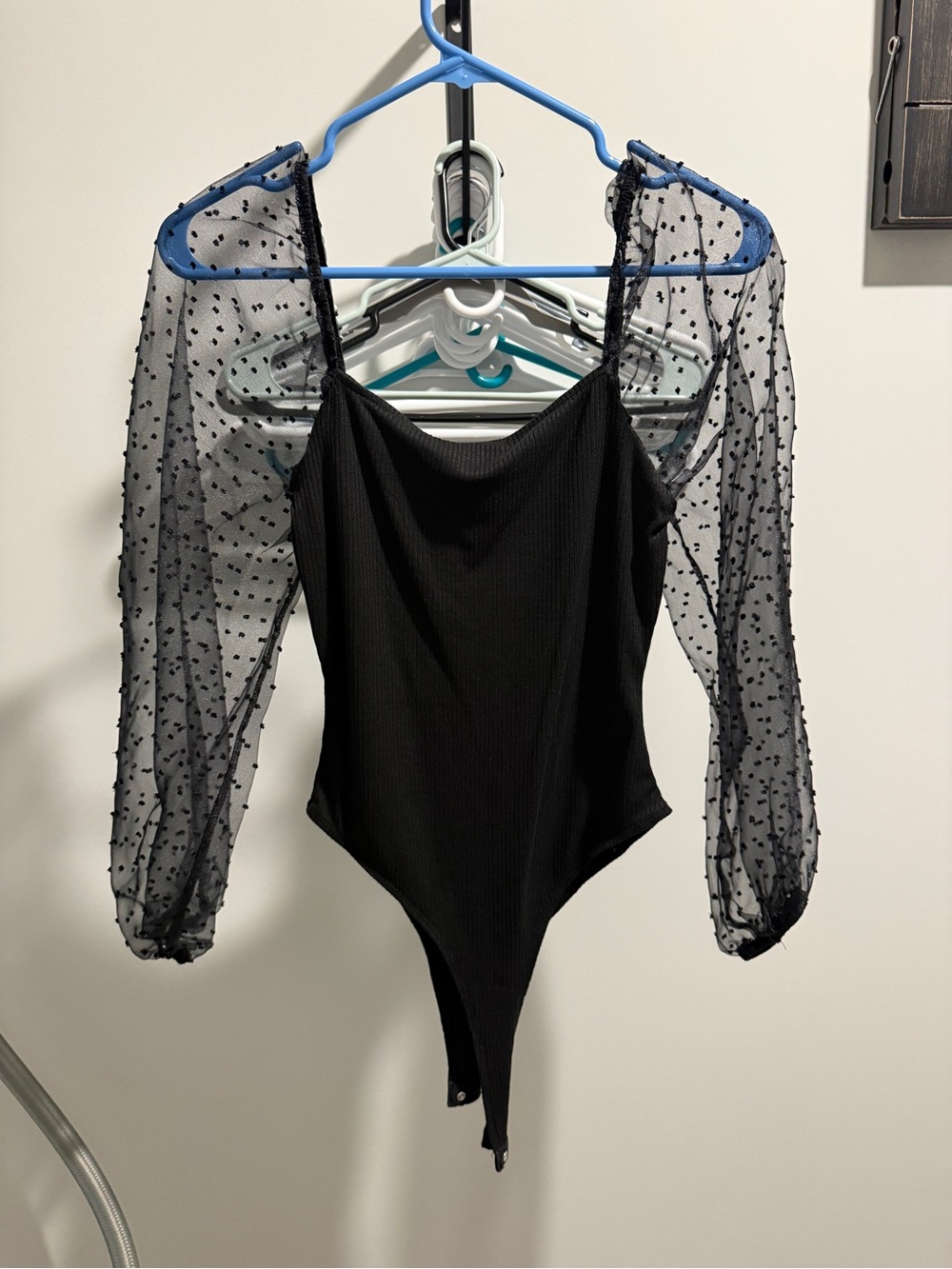 Altar'd State Black Ribbed Bodysuit with Sheer Polka-Dot Sleeves
